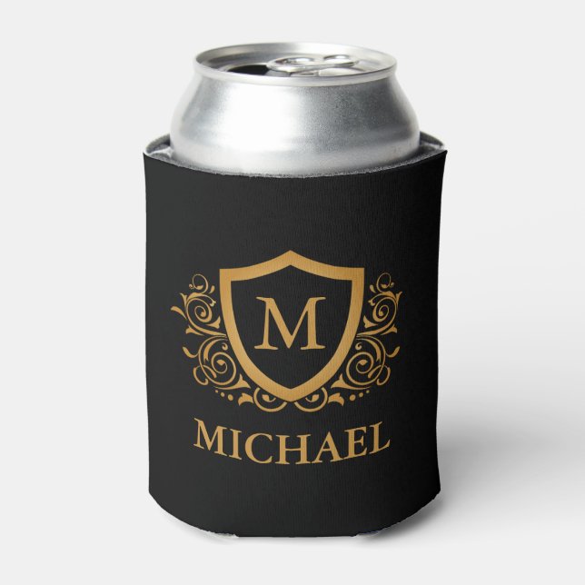Black and Gold Personalised Stylish Monogram Name Can Cooler (Can Front)