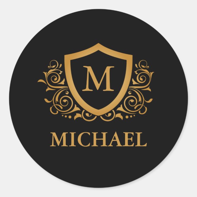 Black and Gold Personalised Stylish Monogram Name Classic Round Sticker (Front)