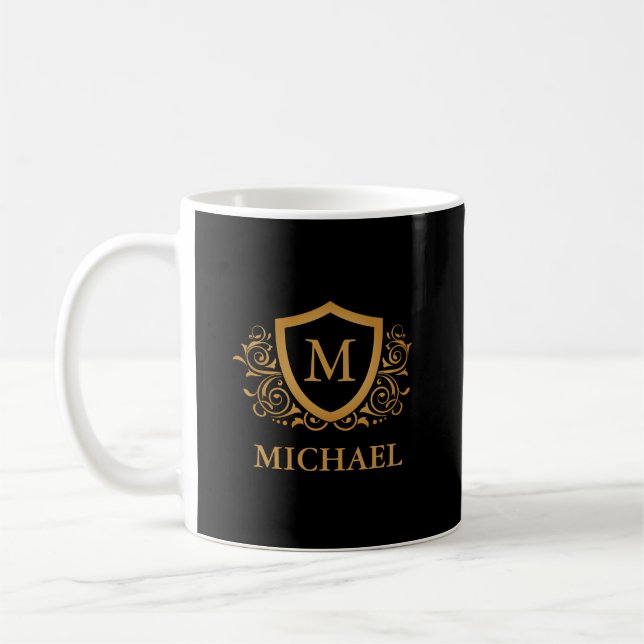 Black and Gold Personalised Stylish Monogram Name Coffee Mug (Left)