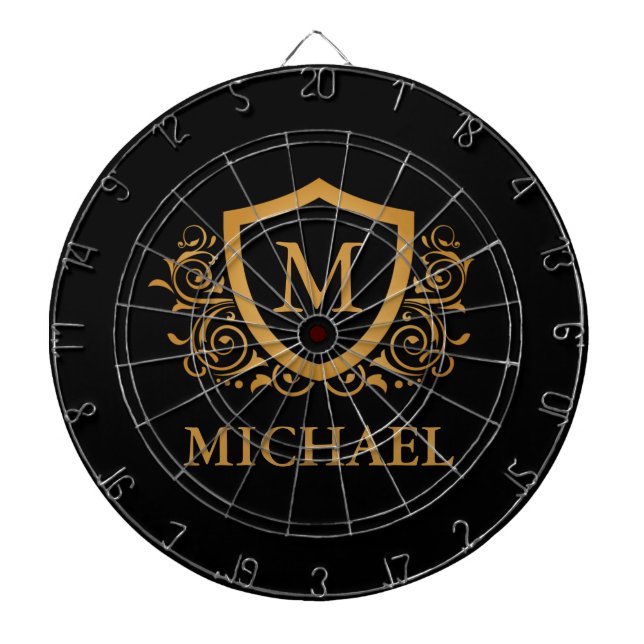 Black and Gold Personalised Stylish Monogram Name Dartboard (Front)