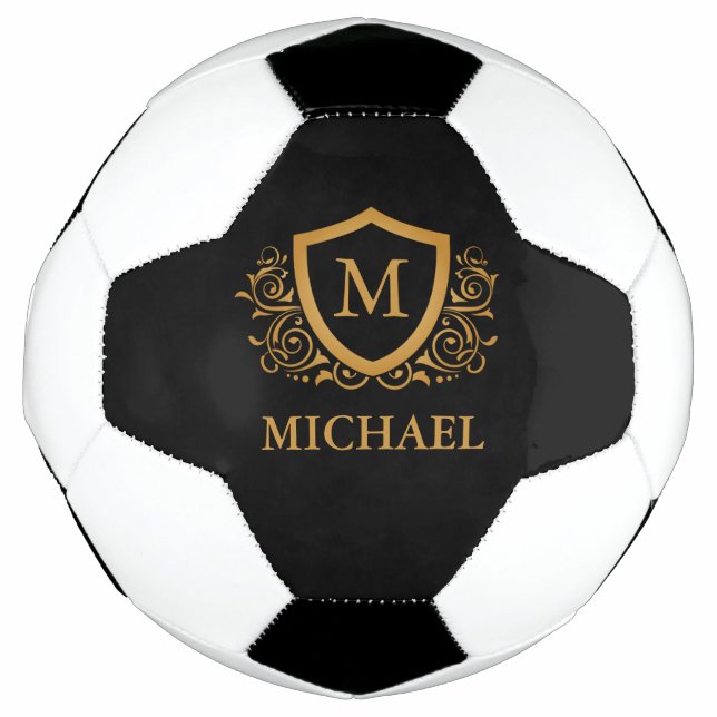 Black and Gold Personalised Stylish Monogram Name Football (Front)