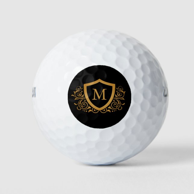 Black and Gold Personalised Stylish Monogram Name Golf Balls (Front)