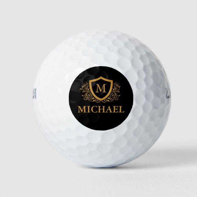 Black and Gold Personalised Stylish Monogram Name Golf Balls (Front)