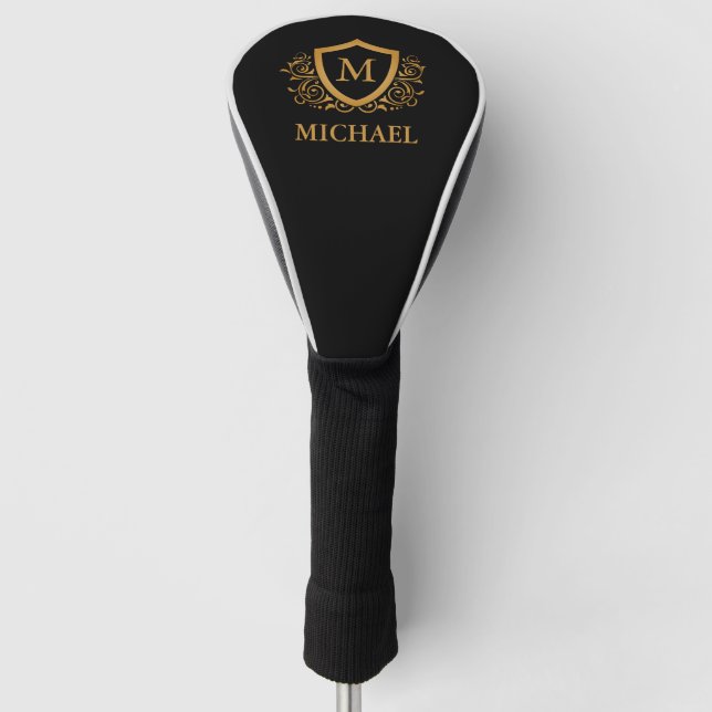 Black and Gold Personalised Stylish Monogram Name Golf Head Cover (Front)