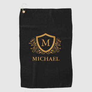 Black and Gold Personalised Stylish Monogram Name Golf Towel