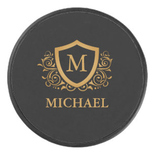 Black and Gold Personalised Stylish Monogram Name Hockey Puck