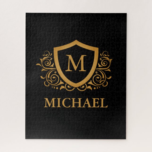 Black and Gold Personalised Stylish Monogram Name Jigsaw Puzzle (Vertical)