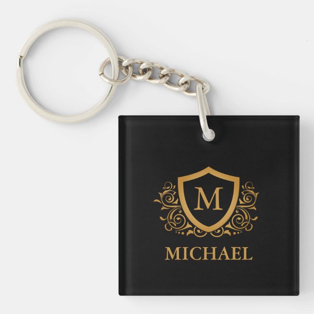 Black and Gold Personalised Stylish Monogram Name Key Ring (Front)