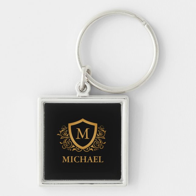 Black and Gold Personalised Stylish Monogram Name Key Ring (Front)