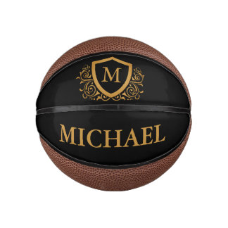 Black and Gold Personalised Stylish Monogram Name Mini Basketball