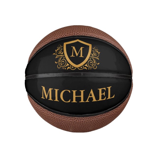 Black and Gold Personalised Stylish Monogram Name Mini Basketball (Front)