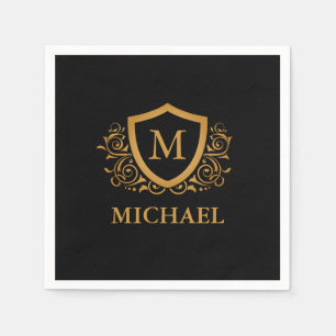 Black and Gold Personalised Stylish Monogram Name Napkin