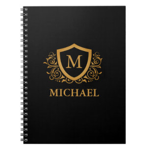 Black and Gold Personalised Stylish Monogram Name Notebook