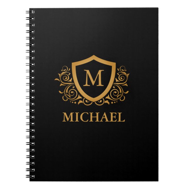 Black and Gold Personalised Stylish Monogram Name Notebook (Front)