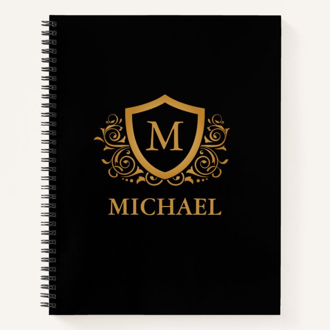Black and Gold Personalised Stylish Monogram Name Notebook (Front)