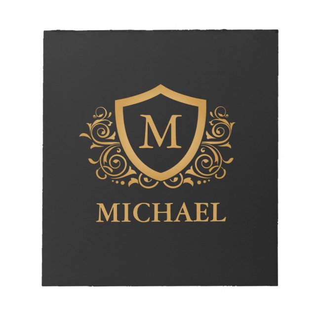 Black and Gold Personalised Stylish Monogram Name Notepad (Front)