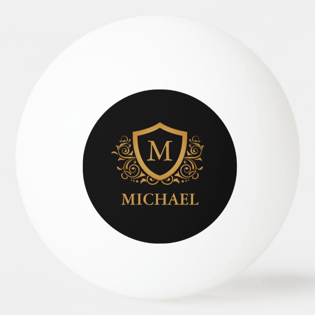 Black and Gold Personalised Stylish Monogram Name Ping Pong Ball (Front)