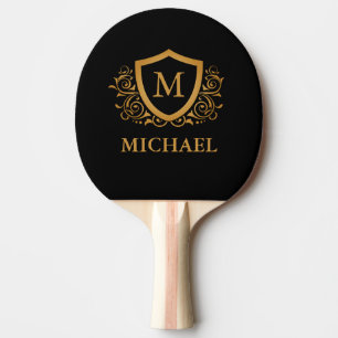 Black and Gold Personalised Stylish Monogram Name Ping Pong Paddle