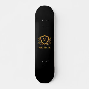 Black and Gold Personalised Stylish Monogram Name Skateboard