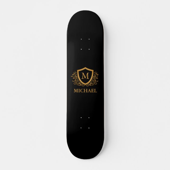 Black and Gold Personalised Stylish Monogram Name Skateboard (Front)