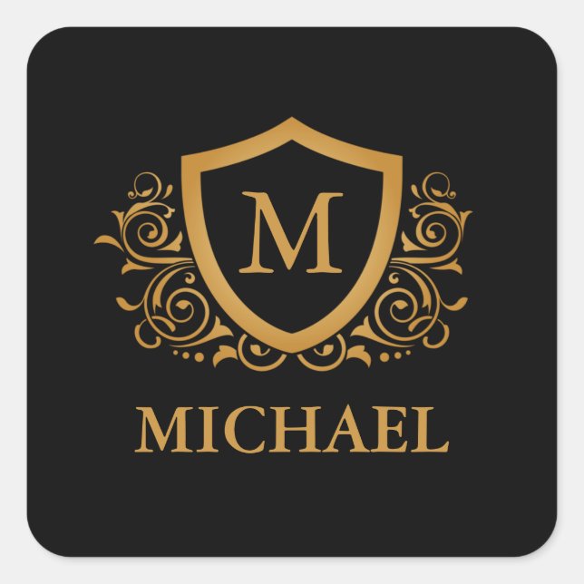 Black and Gold Personalised Stylish Monogram Name Square Sticker (Front)