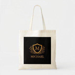 Black and Gold Personalised Stylish Monogram Name Tote Bag