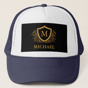 Black and Gold Personalised Stylish Monogram Name Trucker Hat