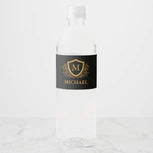 Black and Gold Personalised Stylish Monogram Name Water Bottle Label