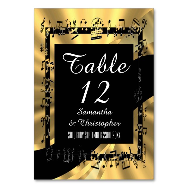 Black and gold personalised table number (Front)