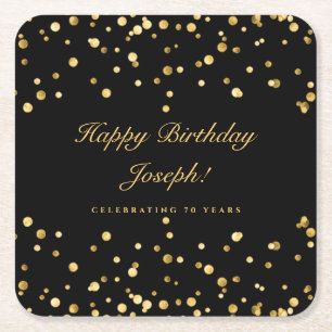 Black And Gold Personalized Birthday Square Paper Coaster