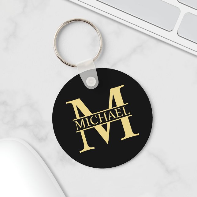 Black and Gold Personalized Monogram and Name Key Ring (Creator Uploaded)