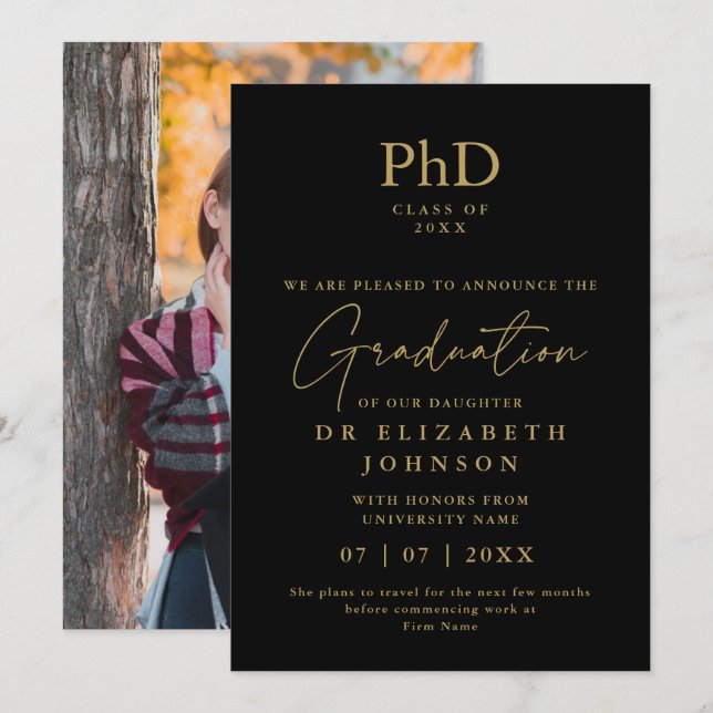 Black And Gold PhD Degree Photo Announcement (Front/Back)