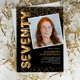 Black and Gold Photo 70th Birthday Invitation