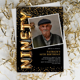 Black and Gold Photo 90th Birthday Invitation