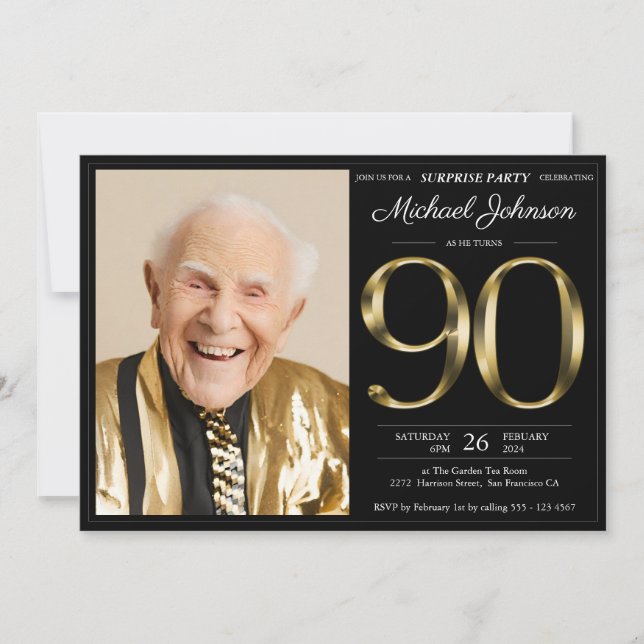 Black and Gold Photo 90th Birthday Surprise Party Invitation (Front)