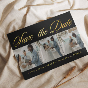 Black And Gold Photo Collage Beach Wedding  Save The Date