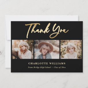 Black and Gold Photo Collage Graduation Thank You Card