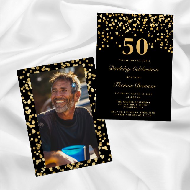 Black And Gold Photo Fifty 50th Birthday Party Invitation (Creator Uploaded)
