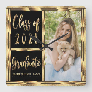 Black and Gold Photo Graduate Class of 2021 Square Wall Clock