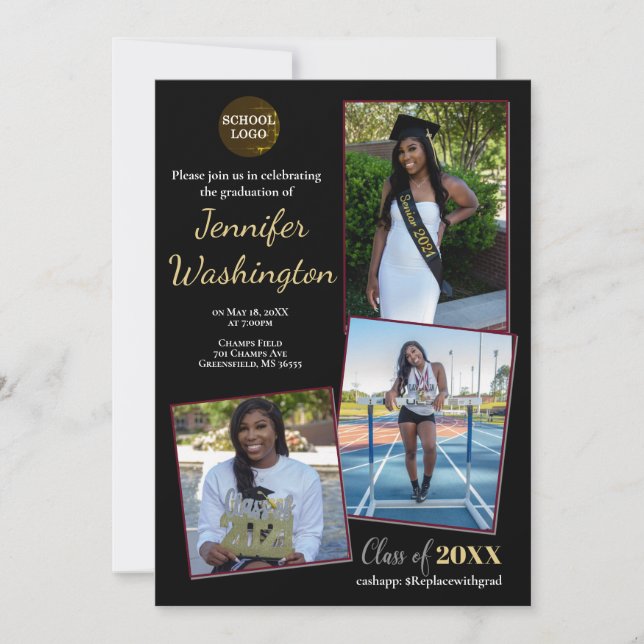 black and gold photo graduation invitation (Front)