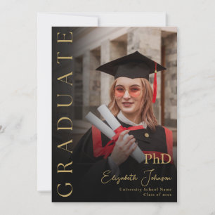 Black And Gold Photo PhD Degree Graduation Party Invitation
