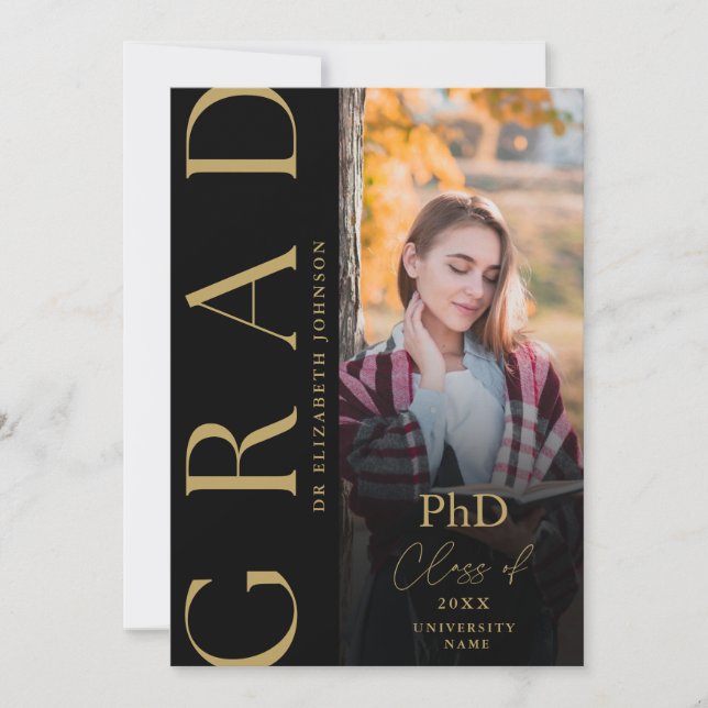 Black And Gold Photo PhD Graduation Announcement (Front)