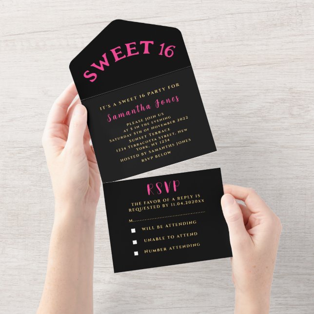 Black and Gold Pink Sweet 16 Sixteen All In One Invitation (Tearaway)