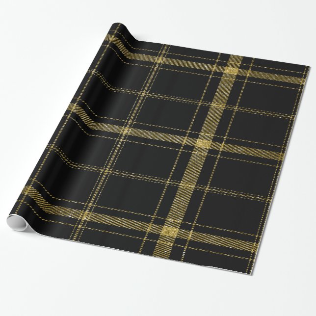 Black and gold Plaid-03 Wrapping Paper (Unrolled)