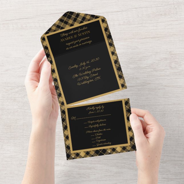 Black and Gold Plaid Elegant All In One Invitation (Tearaway)