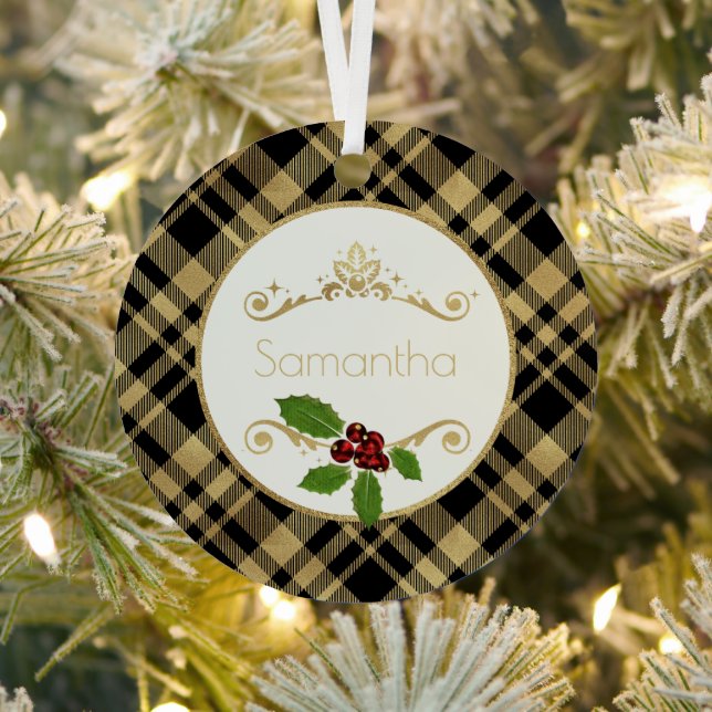 Black And Gold Plaid With Name Christmas Metal Tree Decoration (Insitu)