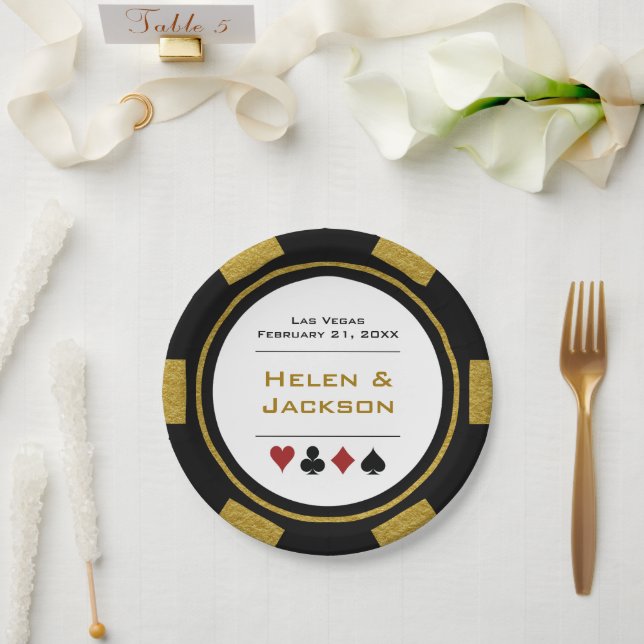 Black and Gold Poker Chip Las Vegas Wedding Paper Plate (Wedding)