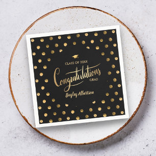 Black and Gold Polka Dot Congrats Grad Graduation Napkin
