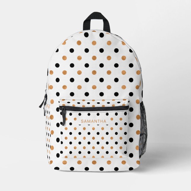 Black and Gold Polka Dots in a White Background Printed Backpack (Front)