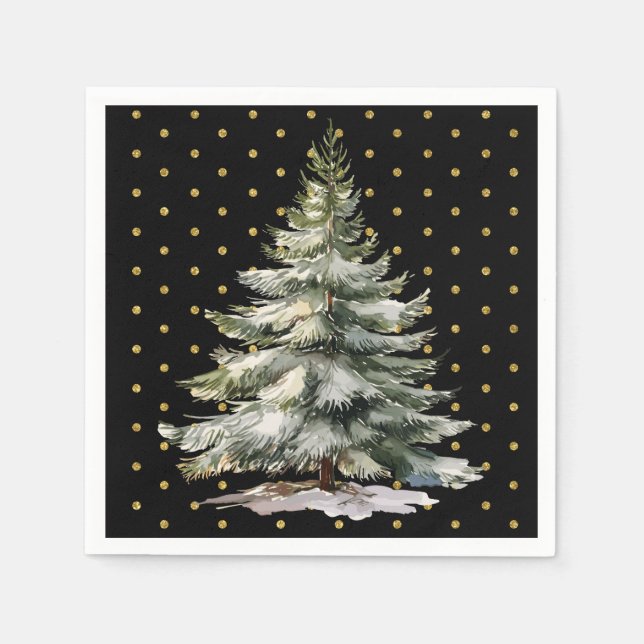 Black and Gold Polka Dots Watercolor Pine Tree Napkin (Front)